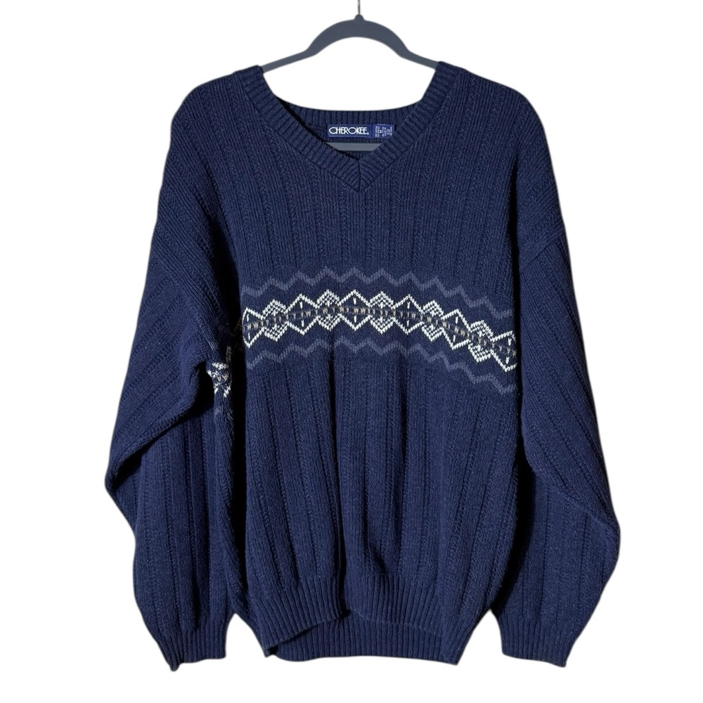 Vtg Fair Isle Nordic Grandpa Sweater Medium Heritage Fisherman Chunky Blue